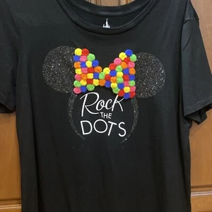 Disney Parks Minnie Mouse Short Sleeve Black T-Shirt Size Large ROCK THE DOTS - Picture 1 of 9