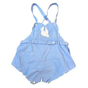 Vintage Baby Romper Handmade Blue Bird Applique Buttons Scallops Summer Retro - Picture 1 of 9