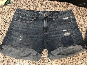 American Eagle Jeans Shorts 6 Loose Fit Med Wash AE Distressed patches - Picture 1 of 7