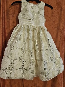AMERICAN PRINCESS  GIRL'S DRESS SIZE 7 IVORY GOLD SEQUIN RIBBON FLORAL  - Picture 1 of 13