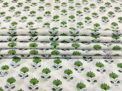 5 Yard Hand Block Green Floral Print Fabric Natural Handmade Cotton Indian Craft - Image 1 of 4