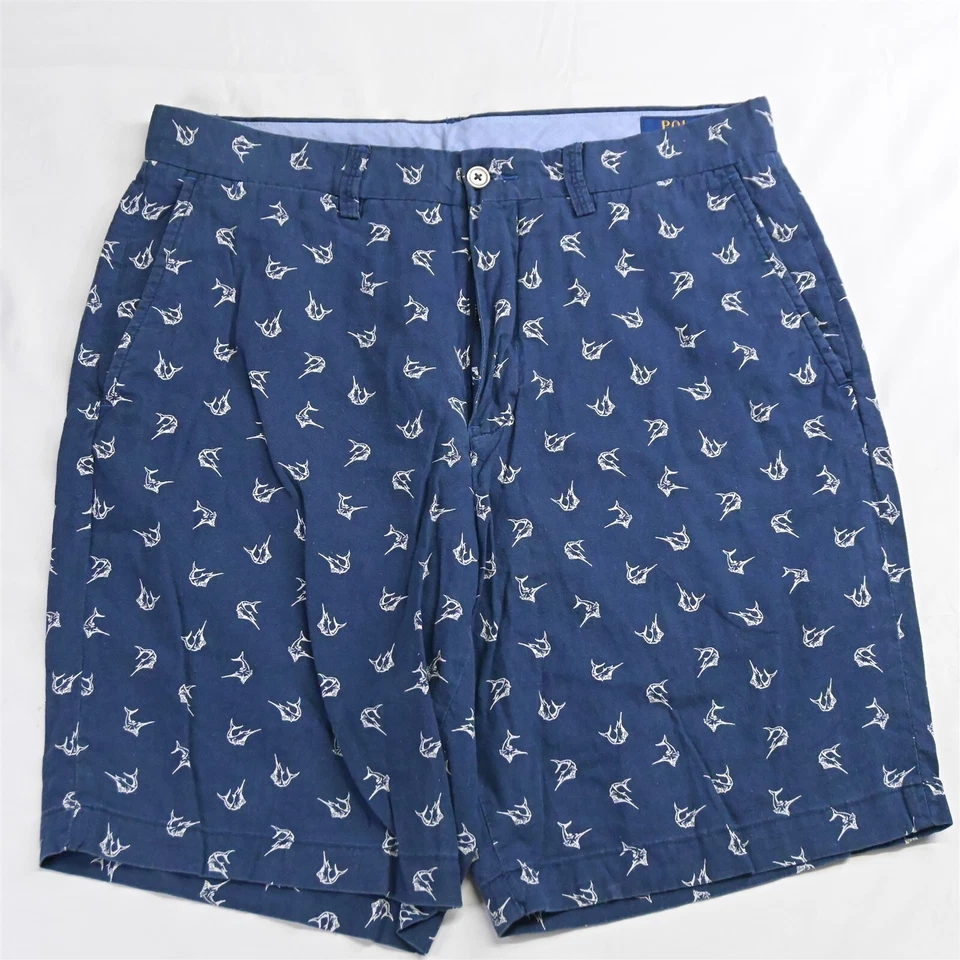 Polo Ralph Lauren 32 x 9" Navy Blue All Over Swordfish Linen Chino Shorts - Image 1 of 4