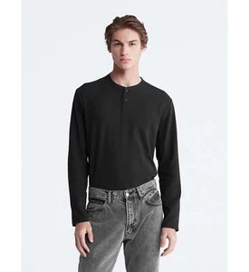 Calvin Klein Mens Mini Waffle Knit Henley T-Shirt Black Beauty 40QM276 001 - Picture 1 of 6