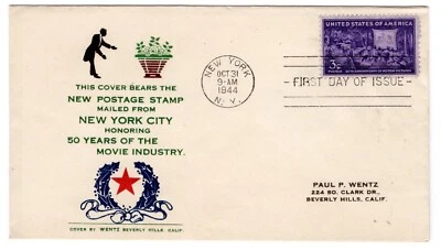 #926 Motion Pictures 50th Anniversary 1944 FDC - Very Scarce Wentz Cachet - Image 1 of 2