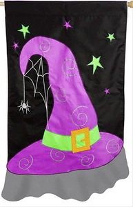 NEW  EVERGREEN APPLIQUE GARDEN  FLAG HALLOWEEN WITCH HAT 12.5 x 18 SO CUTE! - Picture 1 of 1