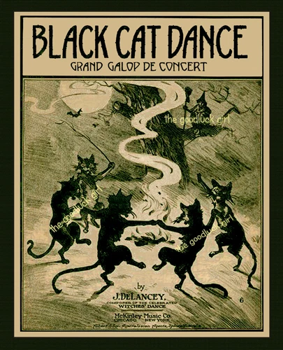 5x7 BLACK CAT DANCE Vintage 1916 Halloween witch Art print - Image 1 of 1