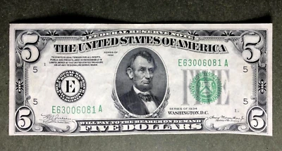 1934 $5 FRN [] RICHMOND [] DGS FR 1956-Em [] UNCIRCULATED [] SN# E 63006081 A - Image 1 of 2