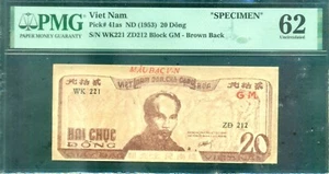 Viet Nam 1953, SPECIMEN/MẪU BẠC, 20 Đồng, Pick 41as. PMG 62 - Picture 1 of 2