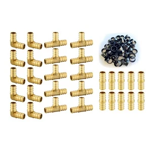 EFIELD 130PCS 1/2" PEX Brass Barb Crimp Fittings Tee Elbow Coupler Copper Rings - Picture 1 of 7