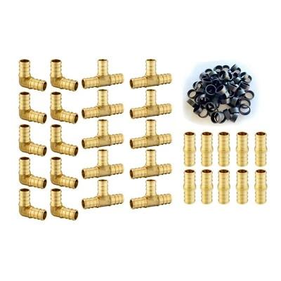 EFIELD 130PCS 1/2" PEX Brass Barb Crimp Fittings Tee Elbow Coupler Copper Rings - Image 1 of 4