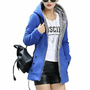 Autumn Winter Women Jacket Fleece Casual Zip-up Hooded Long Tops Blue 2XL - Picture 1 of 5