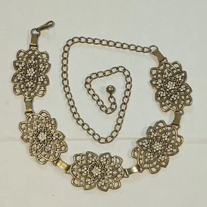 Women Gold Toned Medallion Chain Belt-White Opalescent Stones-Adjustable-Boho - Picture 1 of 7