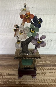 Vintage chinesischer Jade & Achat Glas Blumen Bonsai Baum in Messing Topf mit Ständer 8" - Bild 1 von 7
