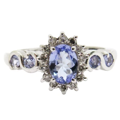 14K WHITE GOLD OVAL TANZANITE & DIAMOND HALO GEMSTONE CLUSTER BAND ESTATE RING - Image 1 of 4
