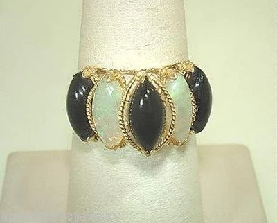 14K YELLOW GOLD 5X10MM MARQUISE NATURAL BLACK CORAL AUSTRALIAN WHITE OPAL RING 9 - Image 1 of 4