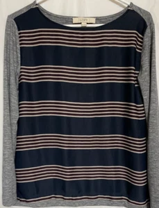 LOFT (Ann Taylor) Ladies Tee Burgundy, Beige, Blue Stripes Gray Back & Sleeves - Picture 1 of 4