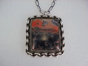 OLD NAVAJO STERLING SILVER & ARIZONA SUNSET PETRIFIED WOOD PENDANT 18" chain - Picture 1 of 5