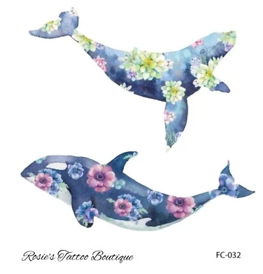 ROSIE'S TATTOO BOUTIQUE Orca & Blue Whale Temporary Tattoos Adult Floral body Art Oceon Sea Whales 💙🌊