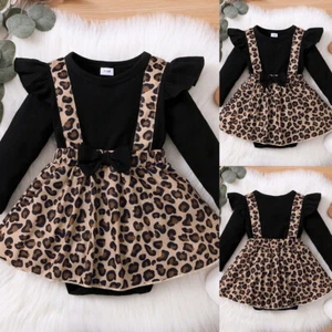 Newborn Baby Girls Leopard Print Romper Mini Dress Headband Autumn Outfits Sets - Picture 1 of 15