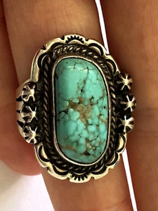 Gorgeous Turquoise Signed By Designer Oscar Alexuis Sterling Navajo Ring Sz 6.25 - Picture 1 of 9