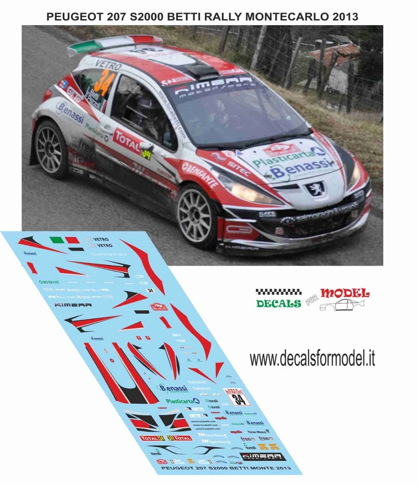 DECALS 1:43 PEUGEOT 207 S2000 BETTI RALLY MONTECARLO 2013 - Immagine 1 di 1