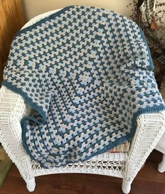 CROCHET GRANNY SQUARE blanket afghan lap throw baby handmade Blue Beige 42 x 42 - Image 1 of 3