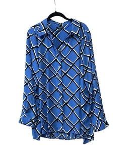Kaari Blue Womens Pleated Blouse Size XL Blue Black Button Up Top - Picture 1 of 8