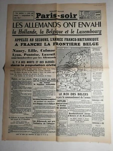 N340 La Une Du Journal Paris-soir 11 mai 1940 les Allemands envahi la Hollande  - Foto 1 di 2