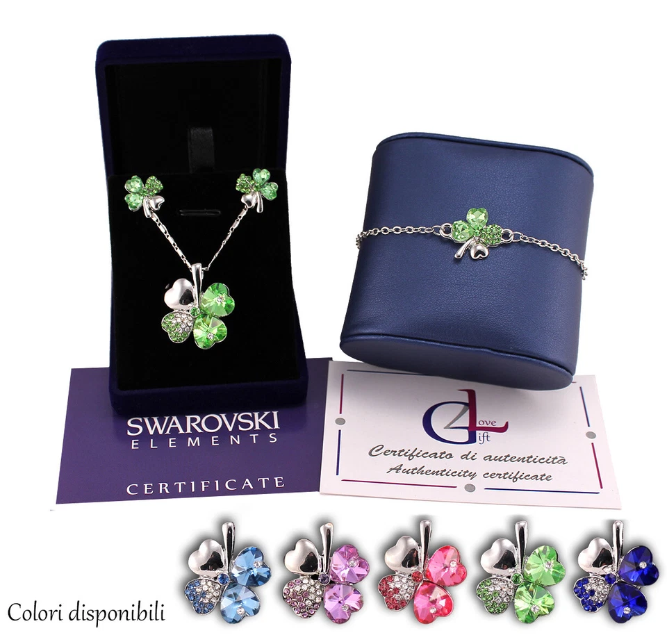 Collana + bracciale argento Swarovski Element originale G4L quadrifoglio cuori - Immagine 1 di 1