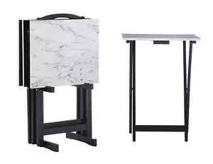 White Faux Marble TV Tray Set with Stand 4 Foldable Tables for Easy Storage - Picture 1 of 16