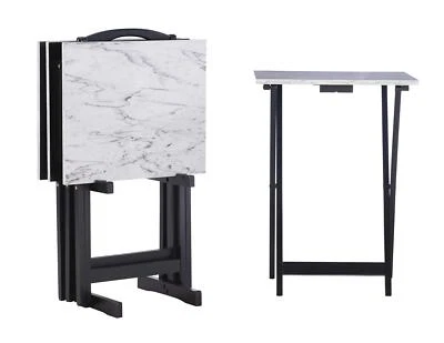 White Faux Marble TV Tray Set with Stand 4 Foldable Tables for Easy Storage - Image 1 of 4