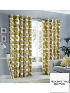 Fusion "Capella" Geometric 100% Cotton Fully Lined Eyelet Curtains Ochre - Picture 1 of 5