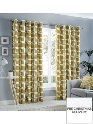 Fusion "Capella" Geometric 100% Cotton Fully Lined Eyelet Curtains Ochre - Image 1 of 4