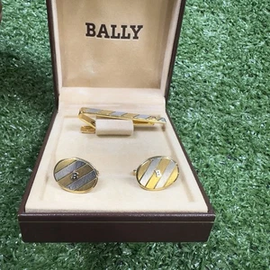 Bally Set of Vintage Tie Clip Bar & Cufflinks Boxed T&C53 Two Tone - Picture 1 of 4