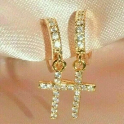 1Ct Round Lab-Created Diamond Cross Drop/Dangle Earrings 14K Yellow Gold Plated - Image 1 of 4