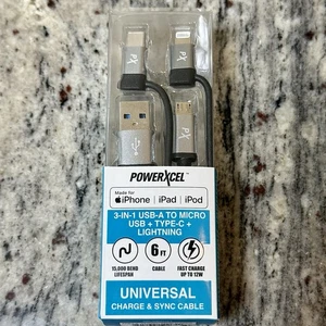 Powerxcel 3 In 1 USB-A To Lightening Type C . Fast Charging - Picture 1 of 2