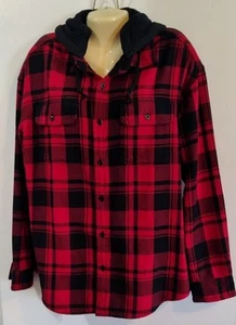 Giacca Camicia American Eagle Rosso Nero Plaid Flanella con Cappuccio Grande Ottima! - Foto 1 di 4