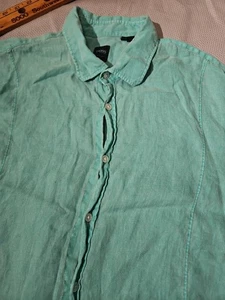 Hugo Boss Shirt Mens Large Green Mint Linen Knit Button Luxury Preppy Casual  - Picture 1 of 13