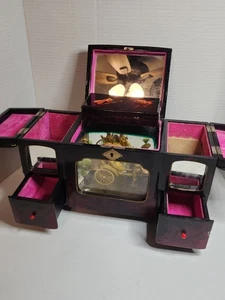 Vintage japanische rot lackierte Spieluhr Schmuckschatulle Rikscha Szene Rad dreht funktioniert - Bild 1 von 9