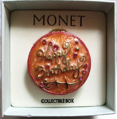 VINTAGE SIGNED MONET ENAMELED MAGNETIC TRINKET,PILL BOX,HAPPY BIRTHDAY CAKE, BOX - Image 1 of 4