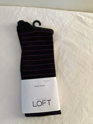 Ann Taylor LOFT Boot Socks Black Purple Stripe Size 9-11 NEW Cotton Blend - Image 1 of 4