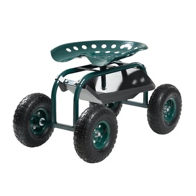 Outdoor Rolling Garden Cart with Swivel Seat All-Terrain Wheels Tool Tray 300lbs - Image 1 of 4
