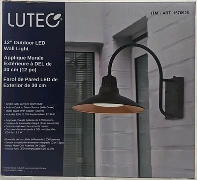Lutec 12" Sleek Farmhouse Outdoor LED Wall Light Black - Image 1 of 4