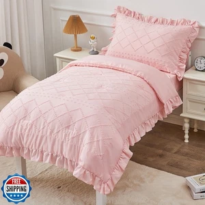 4 Piece Boho Tufted Toddler Bedding Set for Girls Pink Ruffle Crib Bed Sheets - Picture 1 of 5