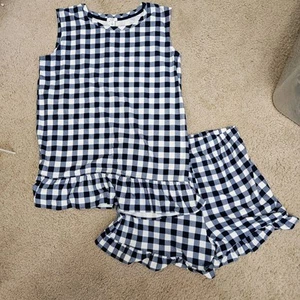 Crown & Ivy Ruffle Checked Pajama Set Blue and White 2pc Tank Top Shorts Sz S - Picture 1 of 7