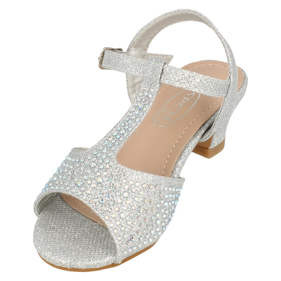 Niñas Dorado, Plata O Fucsia Purpurina Spot On Fiesta Tacón Sandalias:H1R123 - Imagen 1 de 1