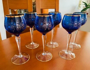 6 Bohemia Kristall Weingläser geätztes Glas Golddekor Kobalt sehr edel top Zusta - Bild 1 von 7