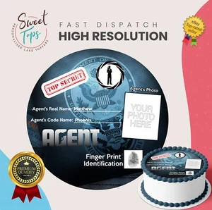 TOP SECRET - SECRET AGENT EDIBLE ROUND CAKE TOPPER DECORATION PERSONALISED - Picture 1 of 1