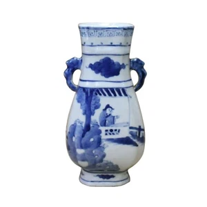 Chinese Blue White Porcelain People House Court Graphic Small Vase ws707 - Picture 1 of 7
