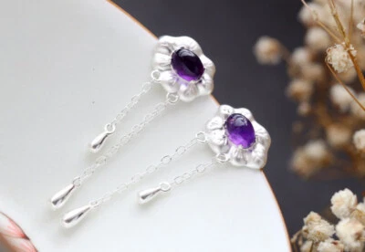 B06 Orecchini Spina Lilla Ametista Fiore Nappe Argento Sterling 925 - Immagine 1 di 4
